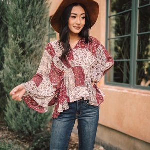 New! Patchwork Boho Blouse in Burgundy